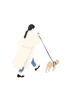 a woman in white coat walking a dog on a leash, flat style illustration isolated on white background