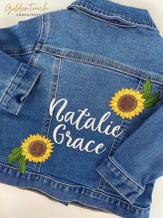 Spring Customizable Denim Jacket, Customizable Denim Jacket For Spring, Customizable Denim Outerwear For Spring, Customizable Spring Denim Jacket, Customizable Long Sleeve Denim Jacket For Spring, Embroidered Sunflowers, Baby Denim Jacket, Embroidered Jean Jacket, Denim Baby