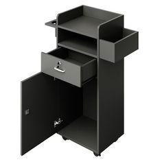 a black cabinet with two drawers and one door open