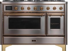 an oven with two burners and three doors on each side, in stainless steel