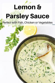 lemon and parsley sauce in a bowl with a spoon