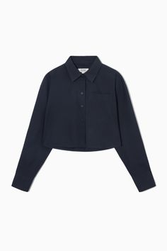 CROPPED POPLIN SHIRT - NAVY - COS Cotton Cropped Shirt With Button Cuffs, Collared Poplin Tops With Button Closure, Collared Poplin Top With Button Closure, Classic Cropped Shirt With Button Cuffs, Relaxed Fit Cotton Cropped Shirt For Work, Chic Everyday Cotton Cropped Shirt, Chic Cotton Cropped Shirt For Everyday, Classic Long Sleeve Cropped Cotton Shirt, Fall Poplin Button-up Tops