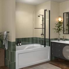 a bathroom with a tub, sink and mirror in it's center wall is shown