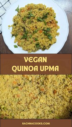 vegan quinoa upma with carrots and spinach on the side