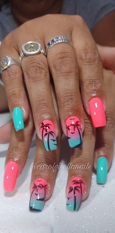 Nail Design For Cruise, Hawaiian Nail Art Tropical, Pink And Blue Beach Nails, Hawian Nails Designs, Turks And Caicos Nails, Beach Fingernails Designs, Red And Turquoise Nails, Key West Nails, Cruise Nails Bahamas