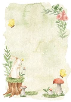 a watercolor painting with mushrooms and flowers