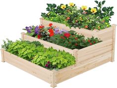 three wooden raised planters filled with different types of flowers and plants growing in them