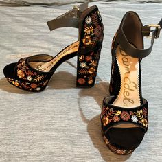 Absolutely Beautiful Sam Edelman Black Velvety Embroidered Platforms. Never Worn, Summery Party Heels, 5”. Very Sought After Brand New. Nwot. Black Heels With Floral Embroidery And Round Toe, Black Embroidered Block Heel Heels, Black Embroidered Block Heel, Black Embroidered Heels For Spring, Black High Heels With Floral Embroidery, Formal Black Embroidered Heels, Black Embroidered Open Toe Heels, Party Heels, Cute Nike Shoes