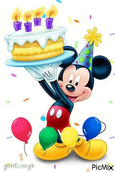 a cartoon mickey mouse holding a birthday cake