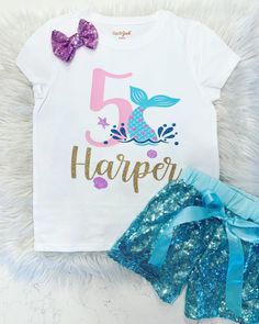 This shirt is perfect for any mermaid themed Birthday. Made with our beautiful no shed glitter its sure to be a hit! We offer design color changes upon request. Please add Child's name into the order notes Shirt:  (100% Cotton) Washing Instructions: Turn inside out, wash on a cold cycle, tumble dry low or hang to dry. Don't forget to LIKE us on Facebook! {https://www.facebook.com/Paytonspinkboutique/} Under The Sea Birthday Shirt, Girl Birthday Outfit, Mermaid Birthday Outfit, Bday Celebration, Mermaid Theme Birthday Party, Offer Design, Fifth Birthday, 5 Birthday, Mermaid Shirt