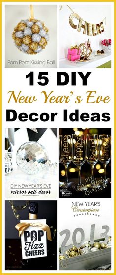 the new year's eve decor ideas are featured in this collage with gold and white