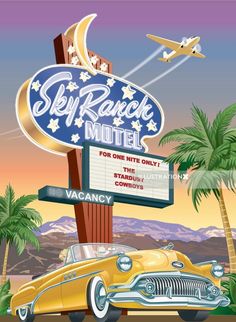 an old yellow car is parked in front of the sky rack motel sign and palm trees