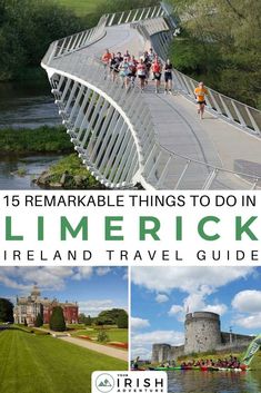 the cover of an irish travel guide with images of people running on a bridge and water