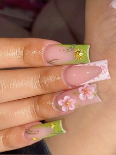 Pink Frenchies, Green Streetwear, Bday Nails, Nails Inspiration Summer, Short Square Acrylic Nails