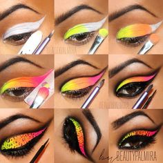 Hawaiian Makeup, Colorful Eye Makeup Tutorial, Carnaval Make-up, Neon Eyeshadow, Make Up Designs, Drag Make-up, Bright Eyeshadow, 80s Makeup, Neon Makeup