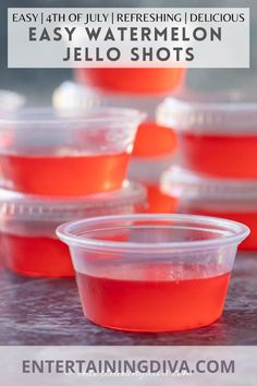 red jello shots in plastic cups with text overlay