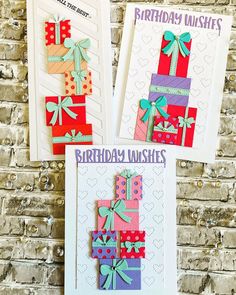 three birthday cards with bows and ribbons on them