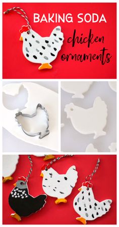 the process for making homemade chicken ornaments is shown in three different pictures, including one with black and white hens on it