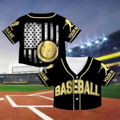 a baseball jersey with an american flag on it and the word base ball written in gold