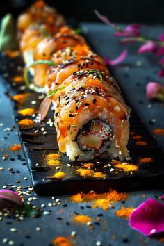 sushi rolls with sesame seeds and garnishes on a black plate