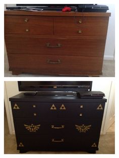 the dresser has been painted black with gold designs on it and is next to a television