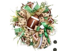 a football wreath with green and white decorations