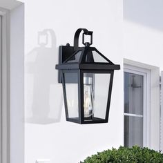 an outdoor light hanging from the side of a house next to a potted plant