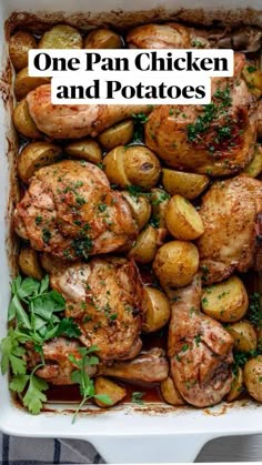 one pan chicken and potatoes in a white casserole dish