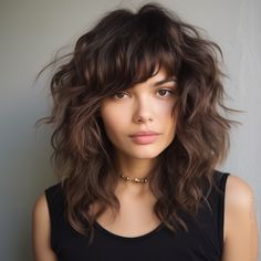 Shoulder Length Wavy Shag With Bangs, Stylish Curly Haircuts, Medium Length Haircut For Curly Hair Natural Curls With Bangs, Curly Shag Haircut Shoulder Length, Curly Shag Haircut Medium Curtain Bangs, 2b Wavy Hair Haircuts Short, Medium Length Haircut Wavy Curls, Wolfcut With Bangs Curly Hair, Wavy Shoulder Length Hair With Layers And Bangs