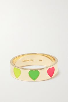 Alison Lou's jewelry is always so playful and full of personality. Handmade from polished 14-karat gold, this aptly named 'Heart Throb' ring is decorated with enameled hearts in vibrant neon hues. Wear yours alone or stacked with similar styles from the label. Preppy Jewlery, Jewellery Photography Inspiration, Heart Throb, Alison Lou, Stacked Jewelry, Enamel Ring, Jewelry Photography, Cute Rings, Pink Ring