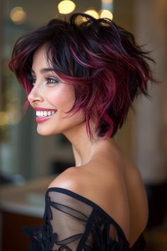 Click for More ➡️ | Save for Later ❤️  Add a touch of fun to your short hair with black cherry and pink highlights. This playful combination is perfect for a fresh, modern look. (Black Cherry and Pink Highlights for Short Hair) Black Bob With Pink Highlights, Brown Hair With Dark Pink Highlights, Plum Short Hair, Shag Hair Color, Pink Highlights Short Hair, Highlighted Short Hair, Short Hair With Pink Highlights, Black And Pink Hair Short, Short Curly Hair With Highlights