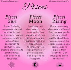 a pink poster with the words pisces sun and moon on it's side