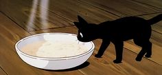 a black cat standing next to a bowl of food on top of a wooden floor