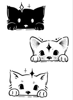 three black and white drawings of cats with different shapes, sizes and colors on them