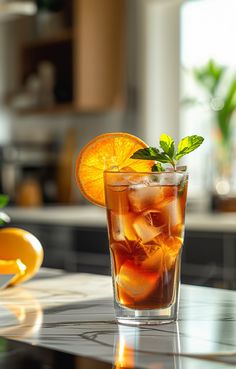 an orange slice and mint garnish in a glass on a kitchen countertop