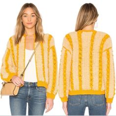 Brand New, Never Worn, No Tags. Revolve X Tularosa Morgana Chunky Oversized Boxy Knit Textured Cardigan Sweater Jacket. A Bright Yellow And Boxy Silhouette Give This Sweater A Cool Finish. Spun From Fuzzy Fabric, The Relaxed Piece Is Detailed With Chunky Cable Knit Accents That Frame The Silhouette. Color Is Called Buttercup, Which Is A Goldenrod Marigold Mustard Yellow Combo With Light Yellow / Cream / Tan. Front Hook And Eye Closure. Size Xs. G15. Fuzzy Fabric, Textured Cardigan, Chunky Cable Knit, Textured Sweater, Cardigan Sweater Jacket, Yellow Cream, Sweater Coats, Bright Yellow, Light Yellow