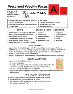 the preschool weekly focus animal list is shown in red and black, along with other activities