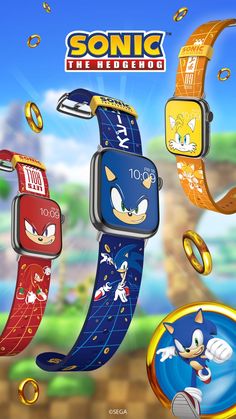 an advertisement for sonic the hedgehog watches with cartoon characters on them and flying around