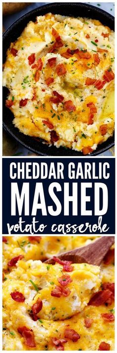 cheddar garlic mashed potato casserole in a cast iron skillet