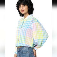 Only Vision Checks Top Features: Button-Down Shirt With Collar All Over Plaid Print Relaxed Fit Crop Length Slightly Cropped Bishop Sleeves Buttoned Cuffs Rounded Hem 100% Viscose Approximate Flat Measurements: From Shoulder To Hem: 21" L Pit To Pit: 21" Size: 36/Us S Made In India New With Tags Trendy Multicolor Button-up Tops, Multicolor Spring Top With Button Closure, Multicolor Tops With Button Closure For Spring, Multicolor Relaxed Fit Top With Button Closure, Relaxed Fit Multicolor Tops With Button Closure, Multicolor Buttoned Shirt For Daywear, Multicolor Cotton Shirt For Day Out, Colorful Button-up Casual Tops, Multicolor Button-up Top For Daywear