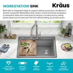 a kitchen sink with the words workstation sink written in black and white on it