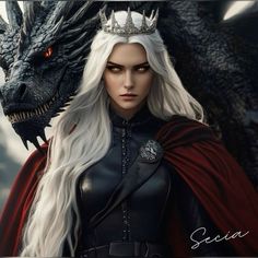 a woman with white hair wearing a crown next to a dragon