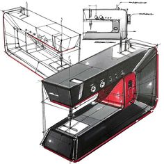 a drawing of a train car with its doors open