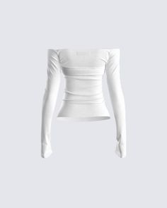 An angel on earth 😇 Turn on the charm, and bless them with your presence in this off-the-shoulder, white slub knit sheer top featuring a ruched bust and extended long sleeves 🕊 White Stretch Long Sleeve Top, Stretch White Long Sleeve Top, Chic White Stretch Long Sleeve Top, White Stretch Chic Long Sleeve Top, White Long Sleeve Off-shoulder Top For Fall, White Fitted Long Sleeve Top For Fall, White Stretch Long Sleeve Off-shoulder Top, White Stretch Off-shoulder Long Sleeve Top, White Fitted Off-shoulder Top