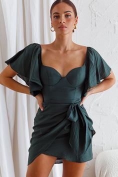 Aphrodite Molded Bust Angel Sleeve Wrap Dress Forest Green Aphrodite Dress, Forest Green Dresses, Skirt Looks, Angel Sleeves, Angel Sleeve, A Goddess, Date Night Dresses, Clothing Tags, Aphrodite