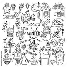 hand drawn winter doodles in black and white with the words hello winter on it