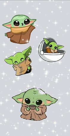 four different baby yoda stickers with stars in the background