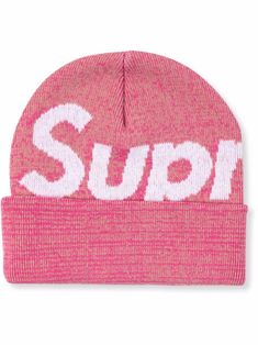 Pink big logo beanie from SUPREME featuring intarsia-knit logo, knitted construction and turn-up hem. | Supreme Big Logo Beanie New Era Beanie, Supreme Accessories, Knit Logo, Logo Knit, Knitted Beanie, Balenciaga Triple S, Custom Watch, Ballet Flat Shoes, Curator Style