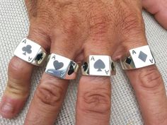 "ace of spades ring square top solid sterling silver Oxidized aces spades on top and each side Solid sterling silver(925) Weights 10- 12 gms (depending on the size) Top face is 12mm sq(1/2\"\" +') x 10mm Its sits very flat on the finger Yes I can resize...any size...same day yes can also make this in gold" Ace Ring, Gambling Cards, Ace Of Clubs, Biker Clubs, Black Wedding Rings, Black Jack, Ace Of Spades, Club Card, Vegas Wedding