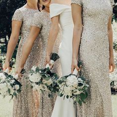 the bridesmaids are holding their bouquets in their hands and wearing sequin dresses